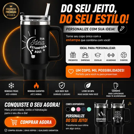 Personalizado - Copo Caneca (1200 ml) Térmica Inox com Alça e Canudo - Preto