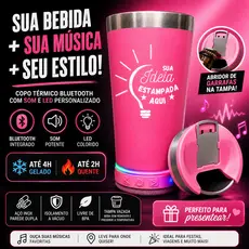 Copo Térmico Personalizado Bluetooth com Som e LED 420ml – Tampa + Abridor, Presente Criativo - Rosa