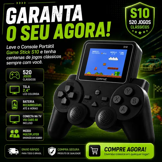 Vídeo Game Portátil S10 Retro 520 Jogos Mario – Controle Gamepad Incluso, Presente Perfeito