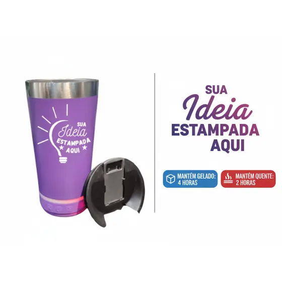 Copo Térmico Personalizado Bluetooth com Som e LED 420ml – Tampa + Abridor, Presente Criativo - Lilás