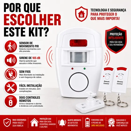 Kit Alarme Residencial Sem Fio Sensor De Presença + 2 Controles
