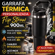 Garrafa Térmica Flip 900ml Inox Personalizada Nome Time Curso Esportiva Bico Alça Academia Viagem Trabalho Escola