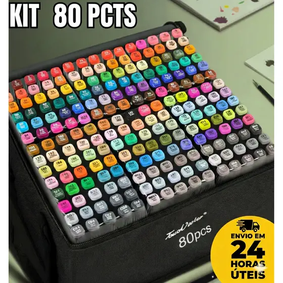 Kit Caneta Colorida Ponta Dupla 80 Peças com Estojo – 2 Pontas, 80 Cores Vibrantes