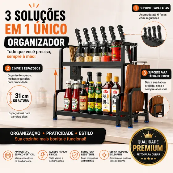 Organizador de Bancada Cozinha 2 Níveis com Suporte para Facas e Temperos Premium Preto