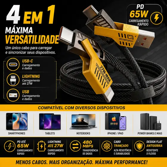 Cabo 4 Em 1 USB Tipo C Lightning PD 65W Carregamento Rápido 1 Metro Turbo Trançado