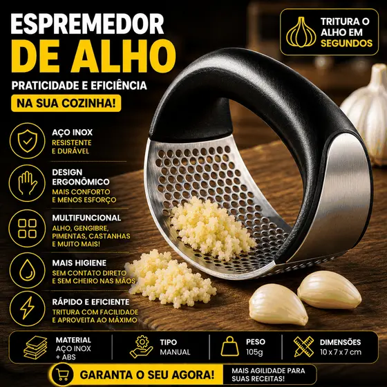 Espremedor de Alho Inox Manual Resistente Amassador Triturador com Cabo ABS Cozinha