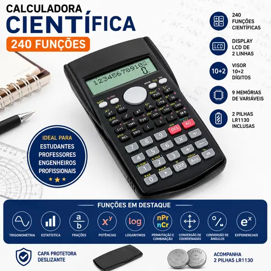 Calculadora Científica 240 Funções LCD 2 Linhas 10+2 Dígitos Com Capa CALC-30109
