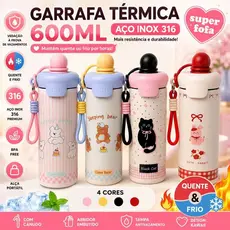 Garrafa Térmica 600ml Aço Inox 316 com Canudo, Tampa Antivazamento, Alça, BPA Free, Kawaii