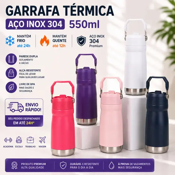 Garrafa Térmica Inox 304 550ml com Alça Portátil Parede Dupla para Viagem e Trabalho