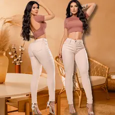 Calça Feminina Delicada Jeans Skinny nude Elastano Cintura Alta Efeito Levanta Bumbum Perfeita