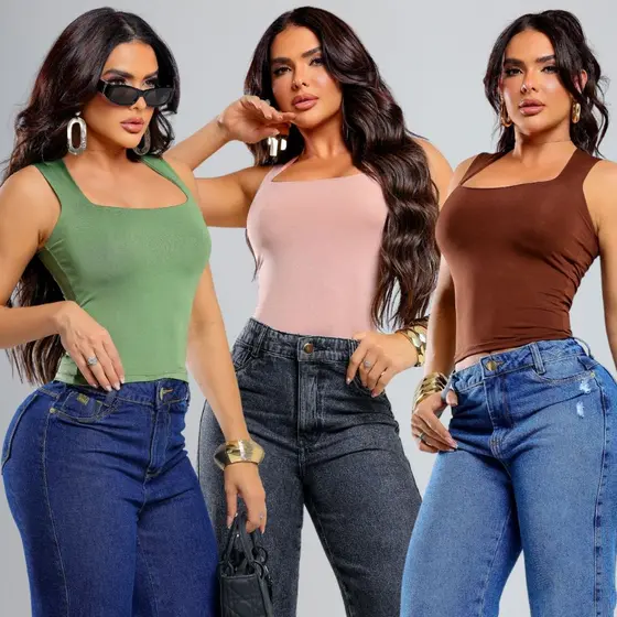 Blusa Feminina Gola quadrada Marrom delicada Suplex Elegante Forro duplo
