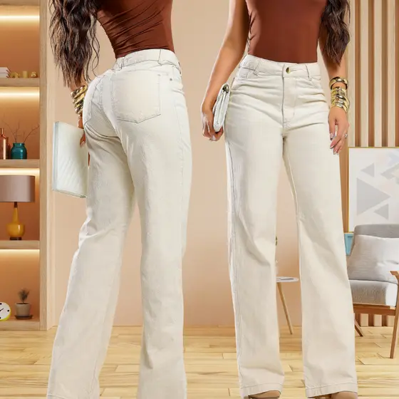 Calça Feminina Wide Leg Areia Delicada 100% algodão Cintura Alta Levanta Bumbum Perfeita