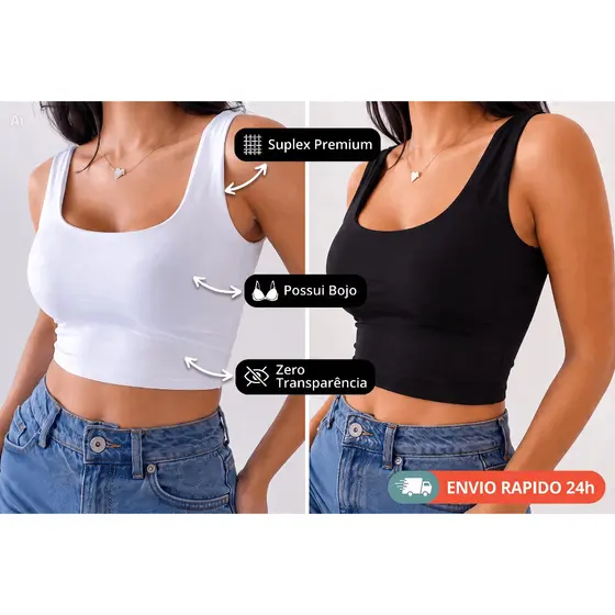 KIT 2 UNIDADES CROPPED FEMININO REGATA BLUSA ALÇA GROSSA COM BOJO SUPLEX- ENVIO IMEDIATO