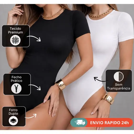 BODY FEMININO SUPLEX PREMIUM MANGA CURTA FORRO DUPLO SEM TRANSPARÊNCIA GOLA REDONDA - ENVIO IMEDIATO