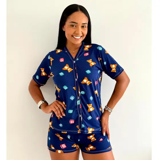 Pijama Feminino Estilo Americano Estampado Com Abotoamento Frontal