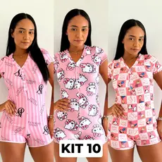 Kit 10 Pijama Macaquinho Manga Curta de Botão Sortido Feminino Temático Personagens