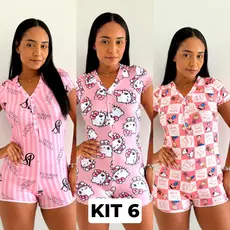 Kit 6 Pijama Macaquinho Manga Curta de Botão Feminino Sortido Personagens Temático