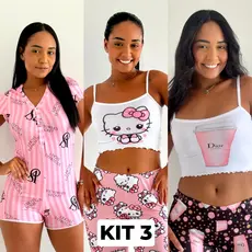 Kit 3 Pijama Feminino Varios Modelos Sortidos Macaquinho Conjunto Com Short e Calça Personagens
