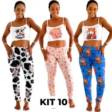 Kit 10 Conjunto Temático Pijama Feminino Sortido Cropped de Alcinha e Calça Longa Estampada