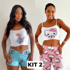 Kit 2 Conjutos Babydoll Pijama Roupa de Dormir Personagens 2 Cropped de Alcinha Shortinho e Calça