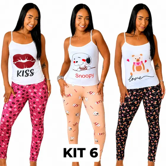 Kit 6 Conjunto Temático Pijama Feminino Blusa de Alcinha e Calça Longa Estampada