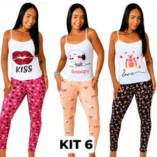 Kit 6 Conjunto Temático Pijama Feminino Blusa de Alcinha e Calça Longa Estampada