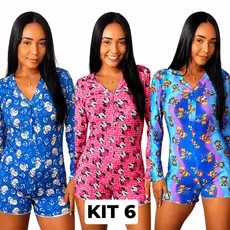 Kit 6 Pijama Macaquinho Manga Longa de Botão Feminino Personagens Temático