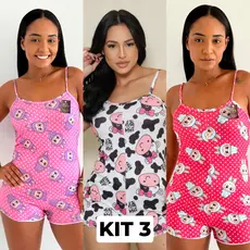 Kit 3 Pijama Macaquinho de Alcinha Sortido Personagens Roupa de Dormir Feminino