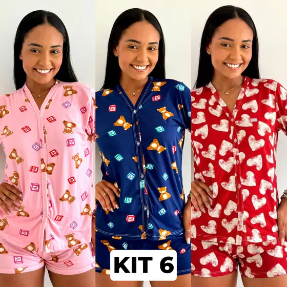 Kit com 6 Pijamas Feminino Estilo Americano Estampado Com Abotoamento Frontal Sortidos