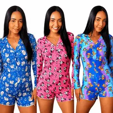 Pijama Macaquinho Manga Longa de Botão Feminino Personagens Temático
