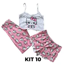 Kit 10 Conjunto Ímpar Cropped de Alcinha + Calça Longa + Short | Pijama Feminino Personagens
