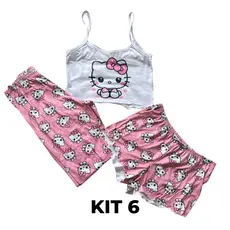 Kit 6 Conjunto Ímpar Cropped de Alcinha + Calça Longa + Short | Pijama Feminino Personagens