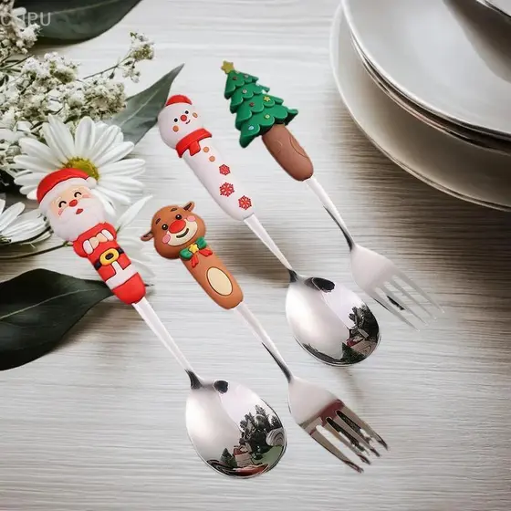 [CU] Conjunto De Garfo E Colher De Prata Glod De Natal , 4 Peças , Alce , Decoração De Árvore Sobremesa , De Frutas Café