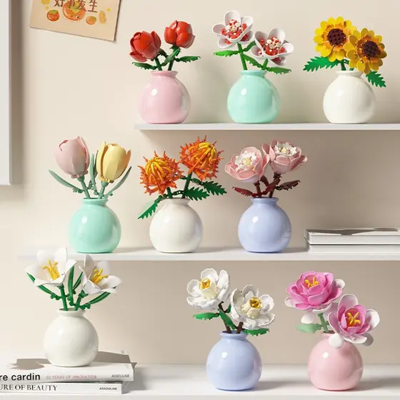 Pião, Bloco de Construção de Vaso de Rosa Eterna, Brinquedos de Presente de Feriado para Meninos e Meninas