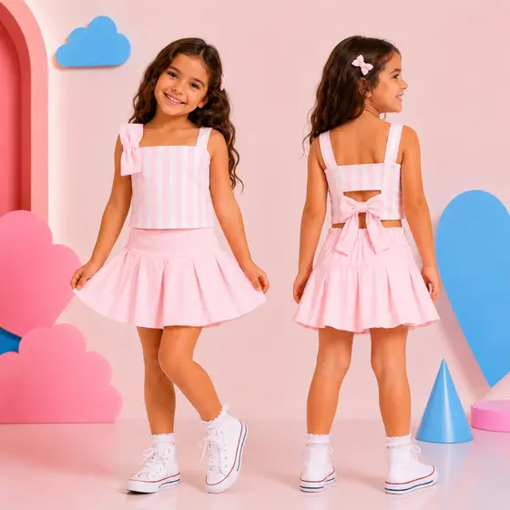 Conjunto Infantil Feminino Rosa Detalhes com Laço nas Costas e Alça Festa Kids 2 a 10 Anos Meninas