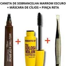 Kit Caneta de Sobrancelha Marrom Escuro Fio a Fio Rimel Mascara de Cilios The Colossal e Pinça Reta