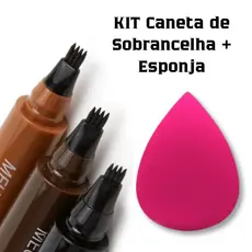 Kit Caneta para Sobrancelha Fio a Fio À Prova D’Água Efeito Natural e Esponja para Maquiagem