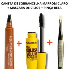 Kit Caneta de Sobrancelha Marrom Claro Fio a Fio Mascara de Cilios Rimel The Colossal e Pinça Reta