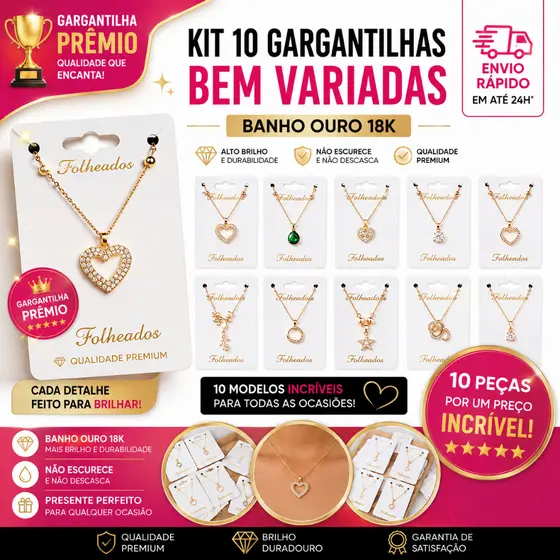 Kit 10 Gargantilhas Premium Feminina Banhada Ouro 18k Pingentes Variados Garantia 1 Ano