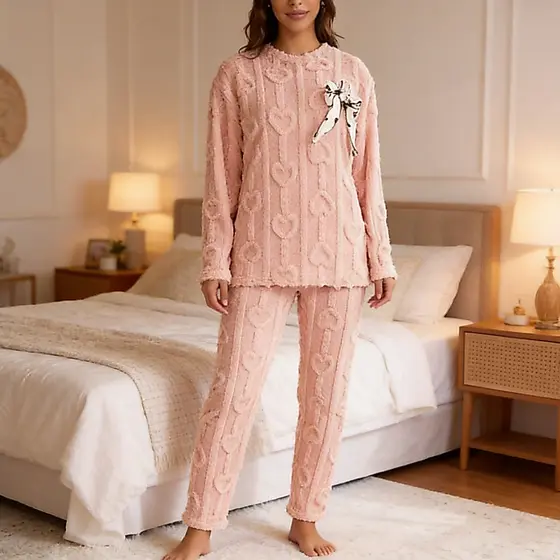 Conjunto Pijama Feminino Pelinho Inverno Relevo Coração
