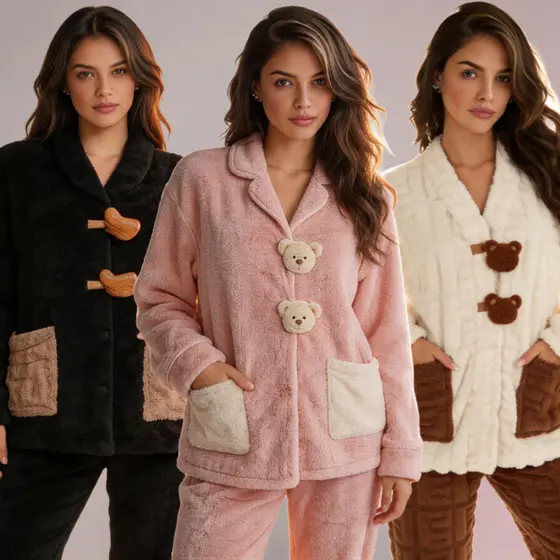 Pijama De Inverno Para Mulheres Roupas Quentes Meninas estilo coreano com bolsa e botoes de ursinho