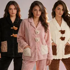 Pijama De Inverno Para Mulheres Roupas Quentes Meninas estilo coreano com bolsa e botoes de ursinho