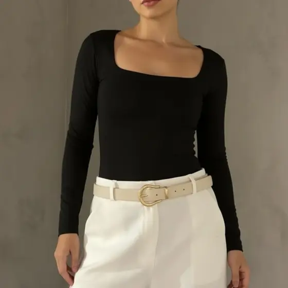 Blusa Suplex feminina Manga Longa Decote Gola Quadrada Moda Inverno