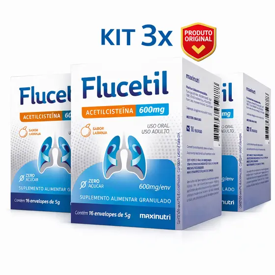 Flucetil 600mg Acetilcisteína C/16 Sachês Kit 3x Original | Suplemento Respiratório Zero Açúcar