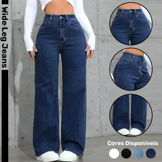 Calça Wide leg  Jeans Feminina cintura Alta Tendência Moda Casual