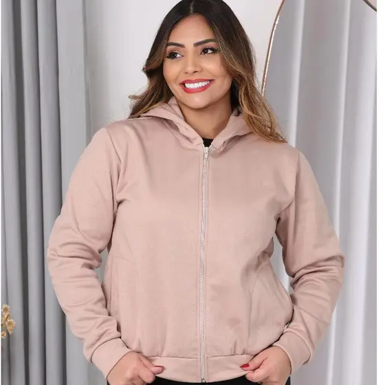 Moletom Casaco Feminino com Capuz Bolsos Laterais e Zíper Frontal Quentinho Estiloso para Moda Inverno