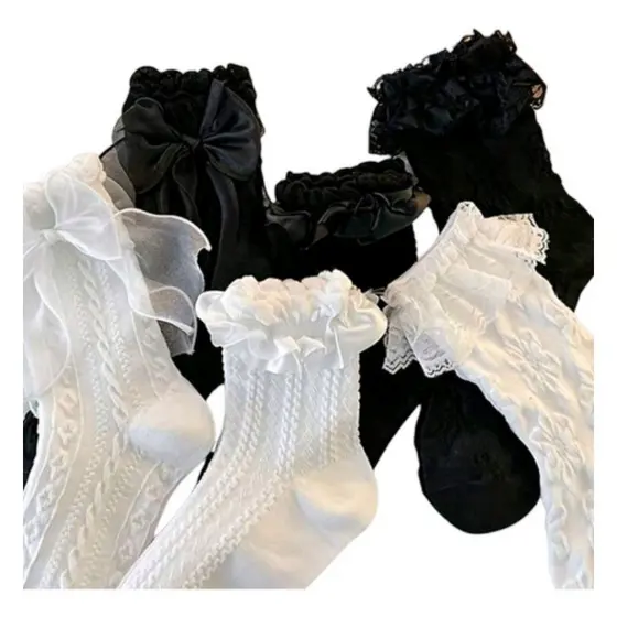 Kit 6 Pares Meias Femininas Lolita Cosplay Com Babado Lacinho Branco e Preto Cano Médio 34-39