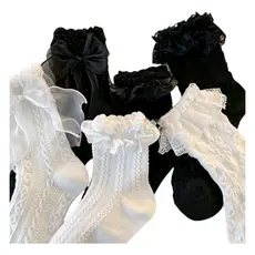 Kit 6 Pares Meias Femininas Lolita Cosplay Com Babado Lacinho Branco e Preto Cano Médio 34-39