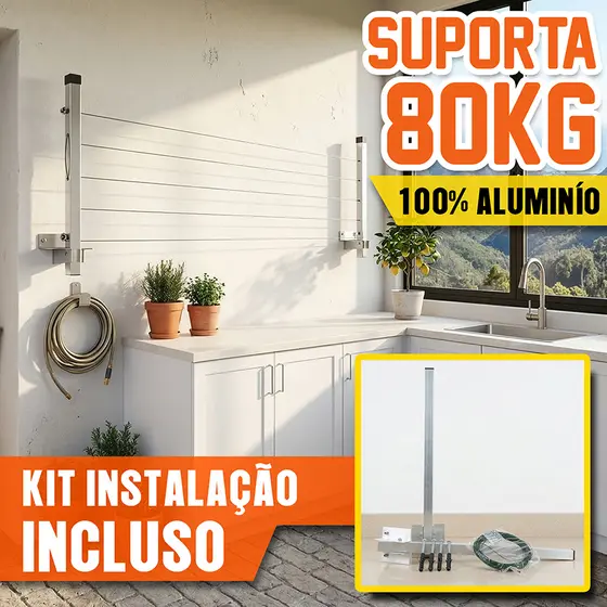 Varal Alumínio premium Reforçado Retrátil De Parede Para Roupas Suporta Até 80kg