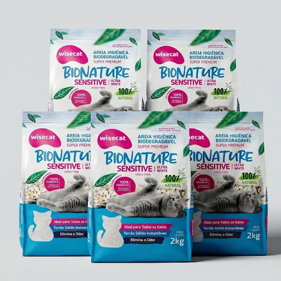 Kit 5 Unidades Areia De Mandioca Para Gatos Wisecat Bionature Sensitive Grãos Finos 2kg